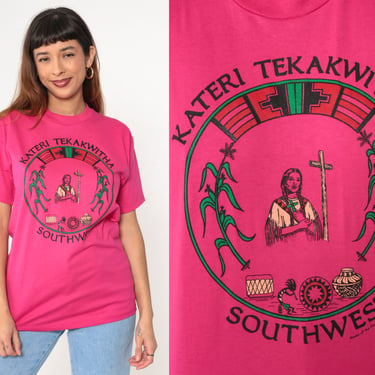 Vintage Kateri Tekakwitha Shirt 90s Native American Christian Saint T Shirt Graphic Tee Bright Pink Retro Tourist Southwestern 1990s Small 