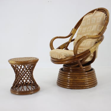 1980s Rattan Armchair and Stool 