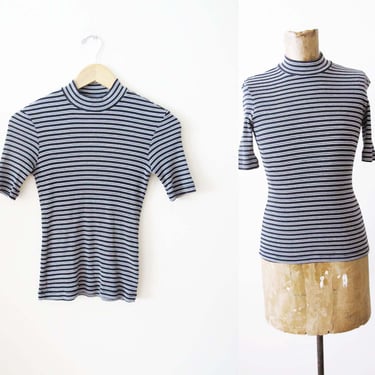 Vintage 90s Ribbed Stripe Mockneck Shirt XS S - Grunge 1990s Skinny Black White Striped Tall Turtleneck Short Sleeve Top 