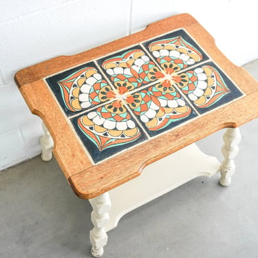 Spanish Tile and Wood Side End Table Two-Tier 