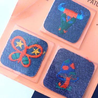 Cute Vintage 70s 80s Jean Iron-on Transfer Patches with Mushroom, Butterfly & Bull Head 