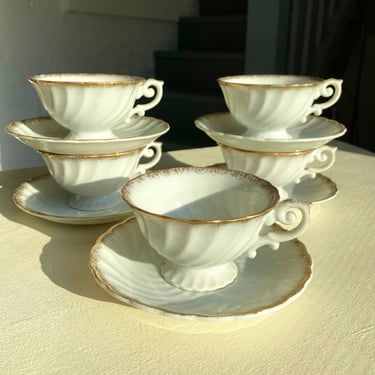 Gold Rimmed White Scalloped Tea Cups - Set of 5 