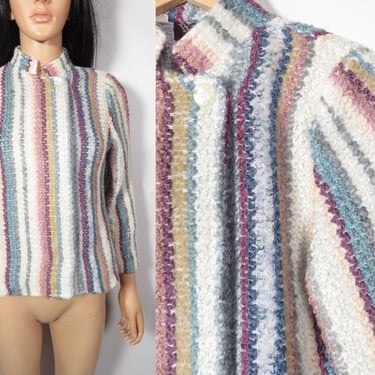 Vintage 80s Loop Knit Striped Jacket With Pockets Size XS/S 