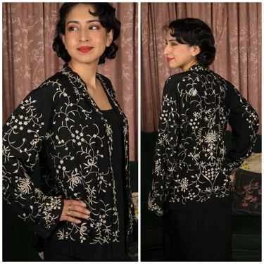 1920s Jacket - Incredible Embroidered Silk Chinese Scenic Art Deco 20s 30 Lounge Jacket of Black Silk Satin 