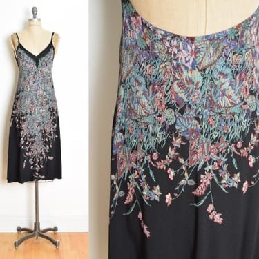 vintage 70s dress black floral border print disco hippie sun dress backless S 