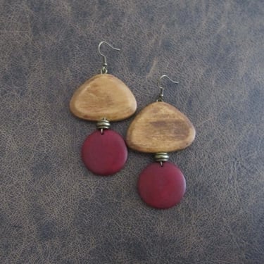 Large brown and red wooden earrings 