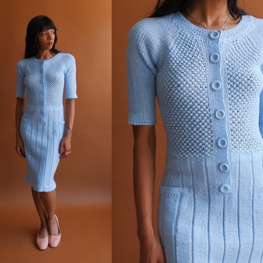 Vintage 60s Baby Blue Knit Dress/ 1960s Short Sleeve Body Con Wiggle Dress/ Size Small Medium 