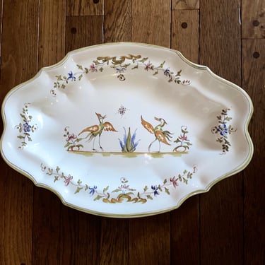 19” Large Oval French Platter Stunning Faience Hand-Painted With Flowers, Crane,  Moustiers Style Wallhang Plate~  Beautiful Colors~ Signed 