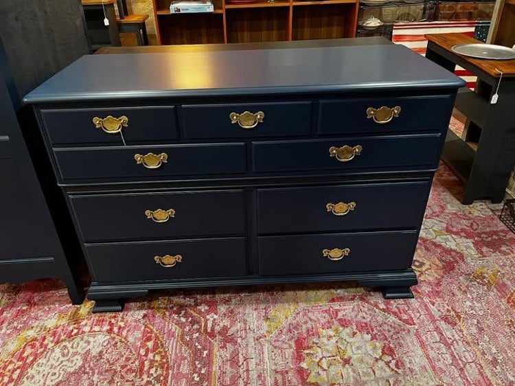 Blue painted 9 drawer dresser 50” x 20” x 35” 