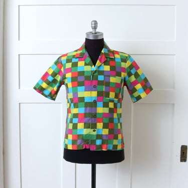 mens vintage 1960s mod shirt • bright neon squares op-art short sleeve cotton shirt 