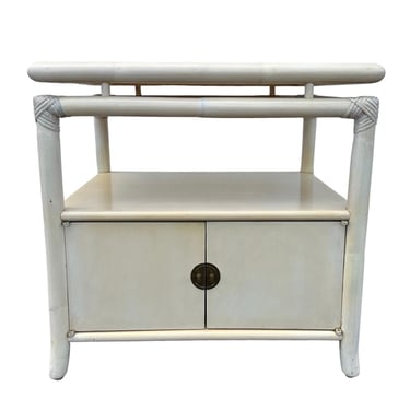 Bamboo End Table 24” Tall 25” Wide - Vintage Ficks Reed Style Accent Chest Bedside Nightstand Boho Chic Chinoiserie Coastal Beige White Wood 