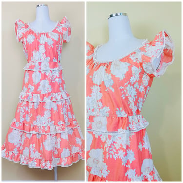 1970s Vintage Act 1 Peach Cotton Ruffled Dress / 70s Tiered Floral Prairie Sundress / Size Small - Medium 