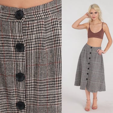 Plaid Midi Skirt Y2k Button up Skirt Houndstooth High Waisted Checkered A Line Retro Preppy Secretary Black White Vintage 00s Large L 