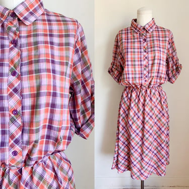 Vintage 1980s Plaid Shirtwaist Dress / M 