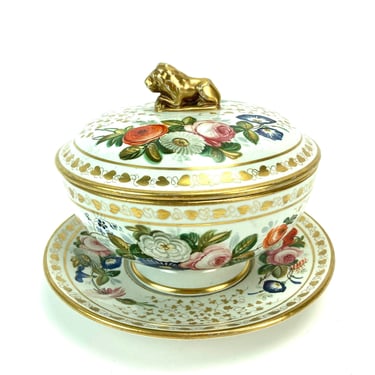 Antique Chelsea Porcelain Triangle Mark Hand Painted Lidded Jar w Underplate Lion Finial 