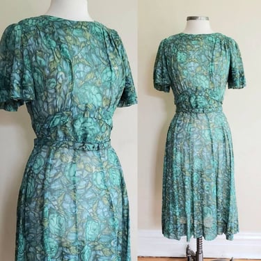 1950s Green Blue Print Dress Jean Lang Original Short Flutter Sleeves Belted / 50s Summer Dress Cotton Blend MCM Graphic Print Midi Skirt M 