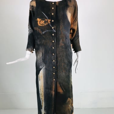 Christian Lacroix Painted Silk Button Front Bat Wing Dress 1980s