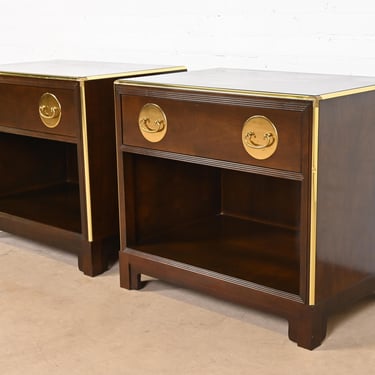 Michael Taylor for Baker Furniture Hollywood Regency Chinoiserie Dark Cherry and Brass Nightstands, Pair