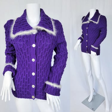 1950's Purple Woven Angora Cardigan Sweater I Sz Med I Handknit 
