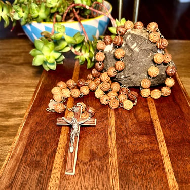 Vintage Wooden Rosary Carved Wood Roses Religious Jewelry 40” Jesus On Cross Christianity 