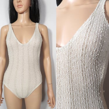 Vintage 70s Oatmeal Nubby Gold Lurex Striped Bathing Suit One Piece Bodysuit Made In USA Size S/M 