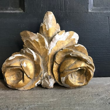 French Gesso Gilded Floral Roses, Architectural Wood Carving Remnant, Antique Chateau Decor 