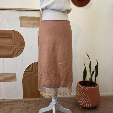 Dior Lingerie Made in France Vintage Tan Silky Lace Trim Slip Knee Length Skirt 