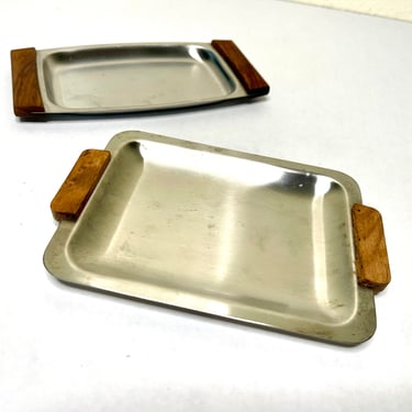 Vintage Pair of Metal Mini Trays Walnut Handles by Royal Craft Japan 