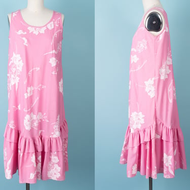 Vintage 80s Bubblegum Pink Hans Jütte Hawaii Floral Print Sleeveless Dress with Ruffled Bottom 