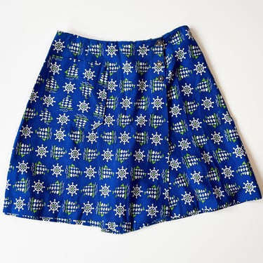 Vintage 1960s Blue Nautical Skort/ 60s Novelty Print Boating Ship Print Skirt Short Waist 26 