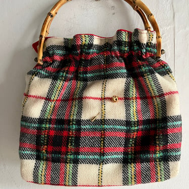 Super Cute Holiday Plaid Bamboo Handle Bag With Love Knot Stickpin Vintage 1970s 