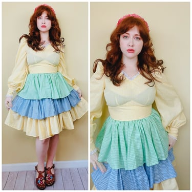 1980s Vintage Yellow and Green Gingham Ruffled Dress / 80s Tiered Western Pearl Snap Cupcake Cotton Dress /  Size Medium 