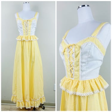 1970s Vintage Darling Debs Gingham Peplum Maxi Dress / 70s Cotton Pastel Yellow Lace Up Corset Prairie Dress / Small 