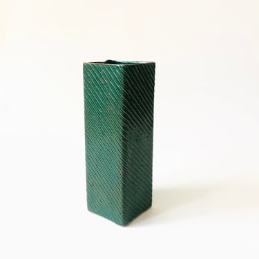 Vintage Carved Rectangular Green Studio Pottery Vase 