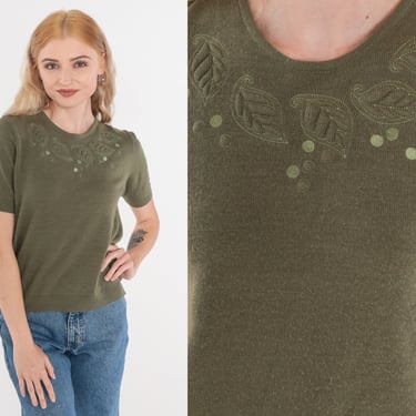 Olive Green Sweater Top 90s Leaf Print Knit Shirt Embroidered Short Sleeve Sweater Shiny Dot Print Blouse Wool Blend Vintage 1990s Small S 