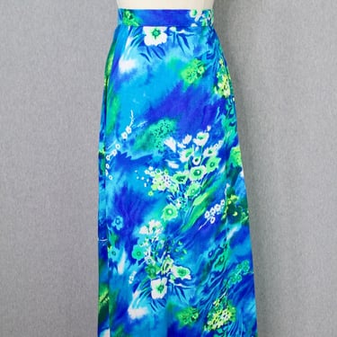 1960s 1970s Blue Hawaiian Print Maxi Skirt - Tropical, Floral - Resort Wear, Vacation Wear - Summer 