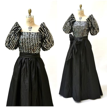 Vintage 80s Prom Dress XS Small Black Silver Sequin Evening Ball Gown// Vintage Silver Sequin Dress Small Princess Dress 