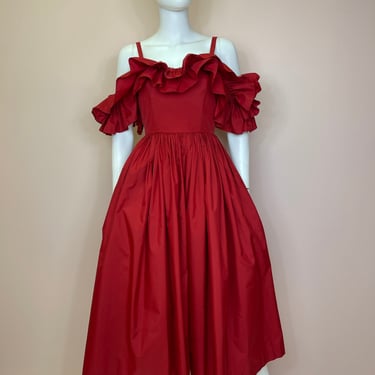 Vtg 1980s red ruffle cold shoulder party dress 