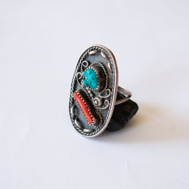 Vintage Native American Sterling Ring With Coral + Turquoise Inlay