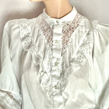 Victorian Look Blouse, Sheer Lace Top, Cut-Out, Statement Sleeves, Edwardian, Prairie, Vintage 70s 80s 