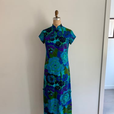 Sun Fashions of Honolulu blue floral Chinese style long cotton dress-size S/M (marked 10) 