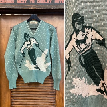 Vintage 1940’s “Catalina” Label Skier Design Wool Rockabilly Sweater, 40’s Sweater, Vintage Pullover Sweater, Vintage Clothing 