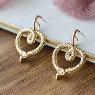 gold snake earrings, 18k gold ouroboros heart earrings, bohemian nature woodland gift for her, statement earrings 