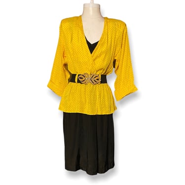 Vintage Black and Yellow Peplum Dress by David Benjamin Size 8 Belted 80’s Dress 
