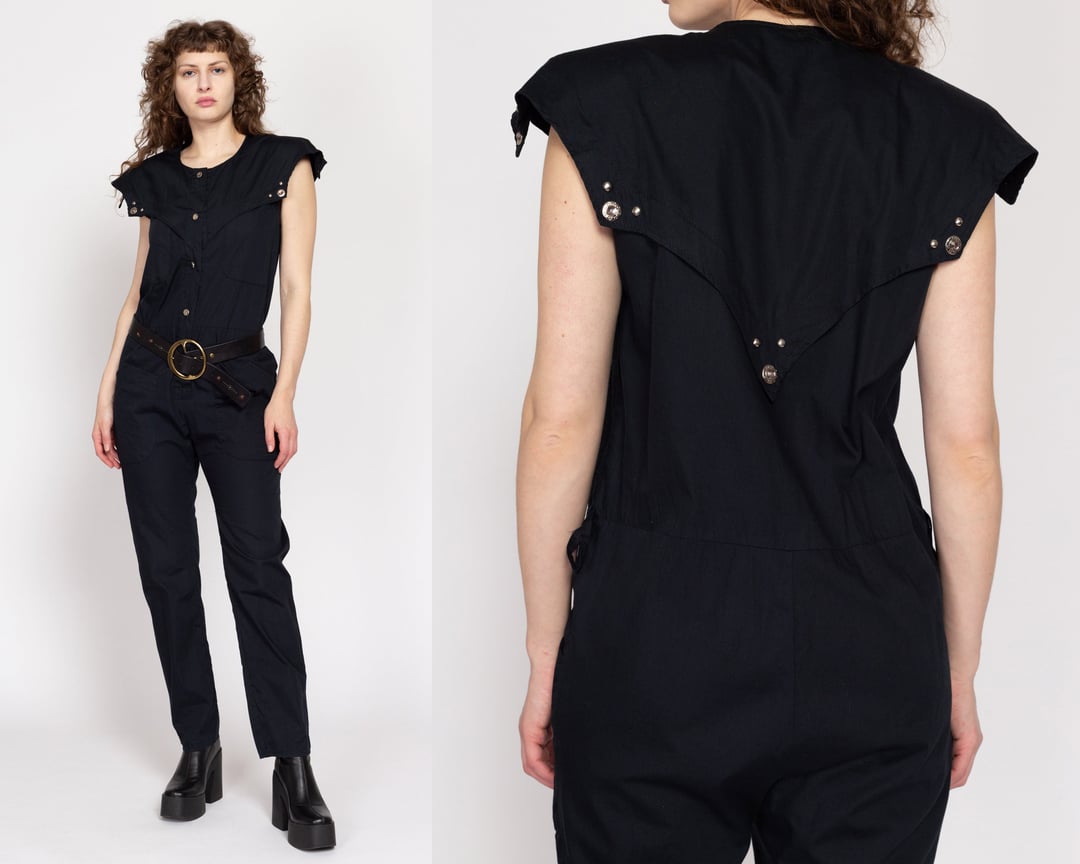 Medium 80s Black Gothic Western Jumpsuit | Vintage Studded