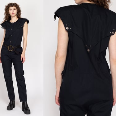 Medium 80s Black Gothic Western Jumpsuit | Vintage Studded Trim Short Sleeve Tapered Leg Cotton Pantsuit 
