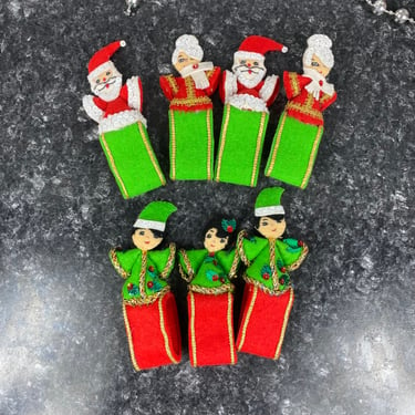 1960s Complete Bucilla Christmas Napkin Holders Set of 7, Santa, Mrs Claus and Elf's, Felt Sequin Napkin Rings, Holiday Table Decorations 