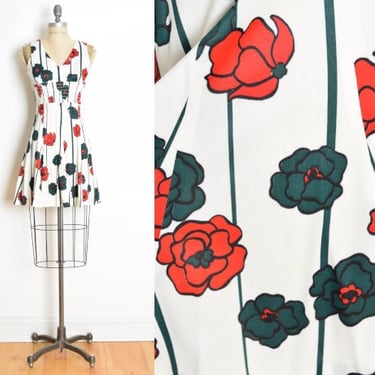 vintage 70s dress white red floral poppy print mod hippie mini sundress XS S clothing 