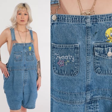 Tweety Bird Overall Shorts 90s Blue Jean Shortalls Looney Tunes Short Overalls Warner Bros Cartoon Embroidered 1990s Vintage 3xl xxxl 26W 