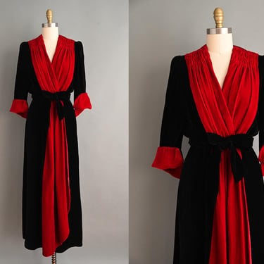 vintage 1940s dress | Rare Vampy Color Block Red & Black Silk Velvet Dressing Robe Dress | Large 